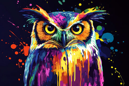 A colorful, artistic depiction of an owl with vibrant splashes of paint.