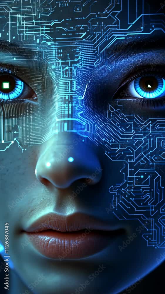 Poster artificial intelligence concept featuring a futuristic face with circuit patterns and glowing blue e