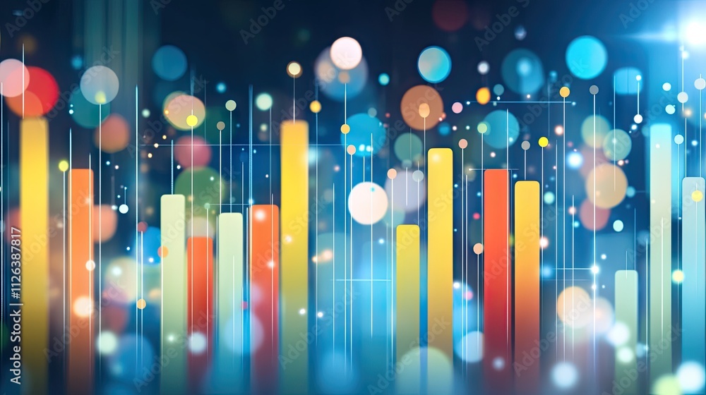 Poster a futuristic representation of sales data with glowing bar charts overlaid on a transparent digital 
