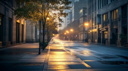 Urban street lights, wet pavement, city at dawn, empty street, downtown scenery, early morning glow