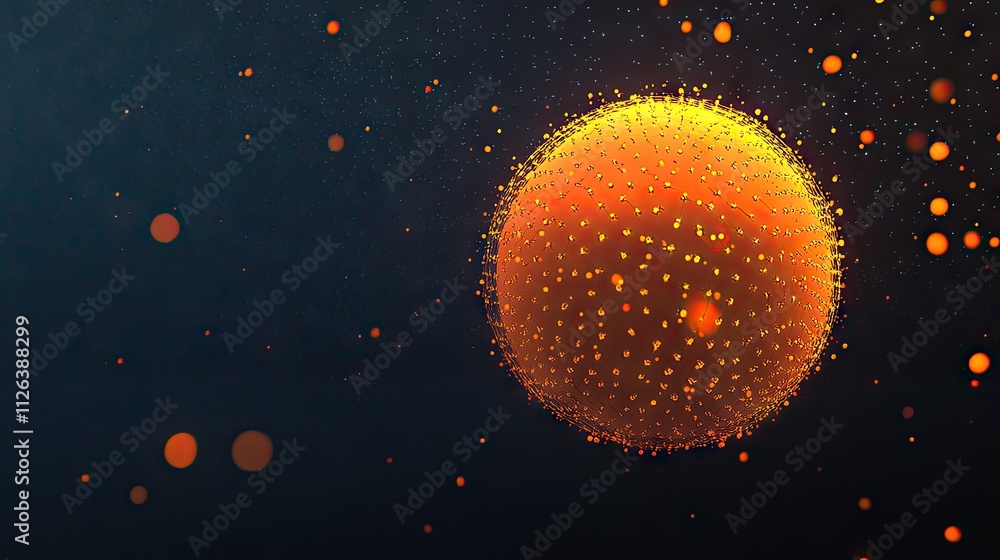 Poster a glowing orange virus particle floating in a textured dark space, illuminated with bokeh effects.