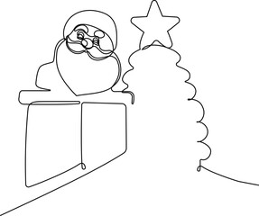 Vector hand drawn Christmas concept sketch. Santa Claus driving car with open bag full of presents. Lettering Christmas concept. Vector illustration