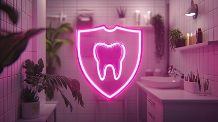 A glowing shield framing a 3D tooth, surrounded by dental tools in a futuristic and clean setting.