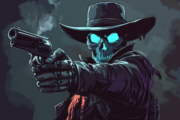 A menacing skeleton cowboy with glowing eyes aims a revolver, exuding a supernatural vibe.
