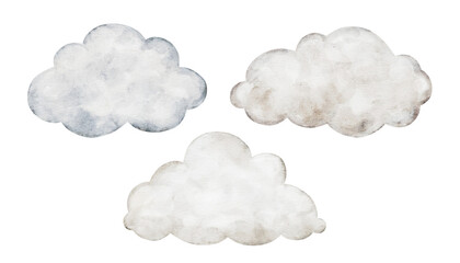 Set of Pastel beige cartoon clouds isolated on background. Hand drawn watercolor illustration for girl or boy childish educational, nursery art. weather icons. Symbols for forecasts of meteorology.