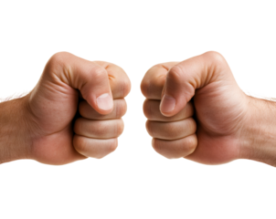 two raised fists facing each other, symbolizing strength, unity, and solidarity, isolated on white background, PNG