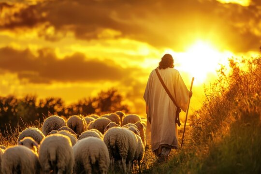 Jesus as a Shepherd Leading a Flock of Sheep at Sunset, Symbolizing Faith, Compassion, and Divine Guidance in a Serene Pastoral Landscape