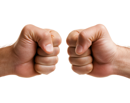 two raised fists facing each other, symbolizing strength, unity, and solidarity, isolated on white background, PNG