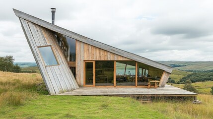 Fototapeta premium A light-filled, modern single-storey home featuring natural wood and expansive glass walls, with a spacious, sunny balcony in front.