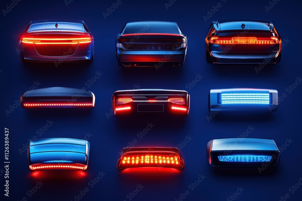Poster various led car headlights and tail lights are beautifully arranged against a dark backdrop, providi