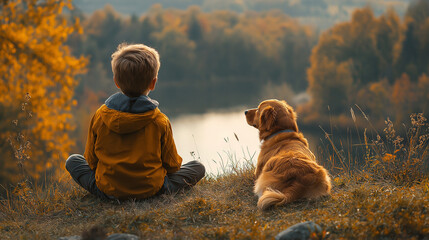 Boy and His Dog: A Peaceful Moment Resting on a Grassy Hill During a Scenic Hike