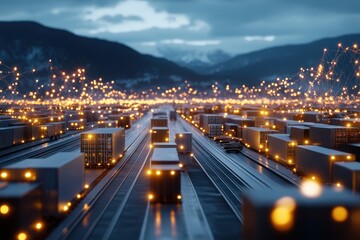 Obraz premium Container Yard Illuminated by a Dynamic Web of Light and Energy at Dusk