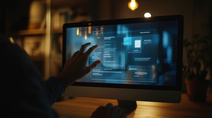 Fototapeta premium Person interacts with glowing computer screen.