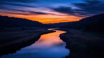 Serene river landscape at sunset, reflecting vibrant colors in the water.
