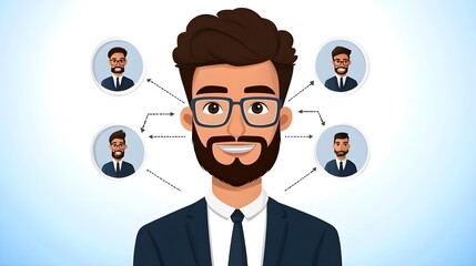 Professional man with beard and glasses in a business suit showcasing multiple versions of himself to represent diverse skills and attributes in a modern graphic style