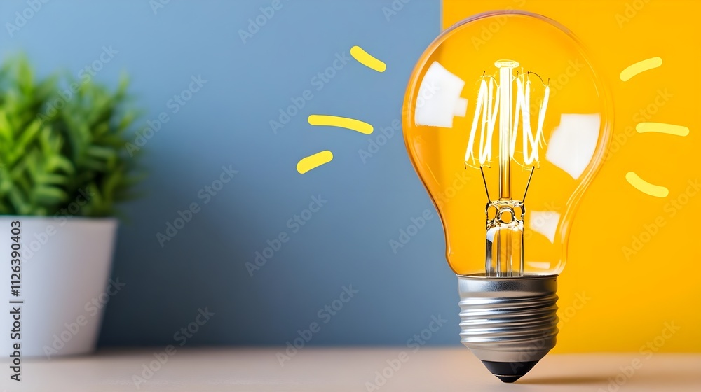 Poster bright light bulb with sparkling rays against a colorful background, symbolizing ideas and creativit