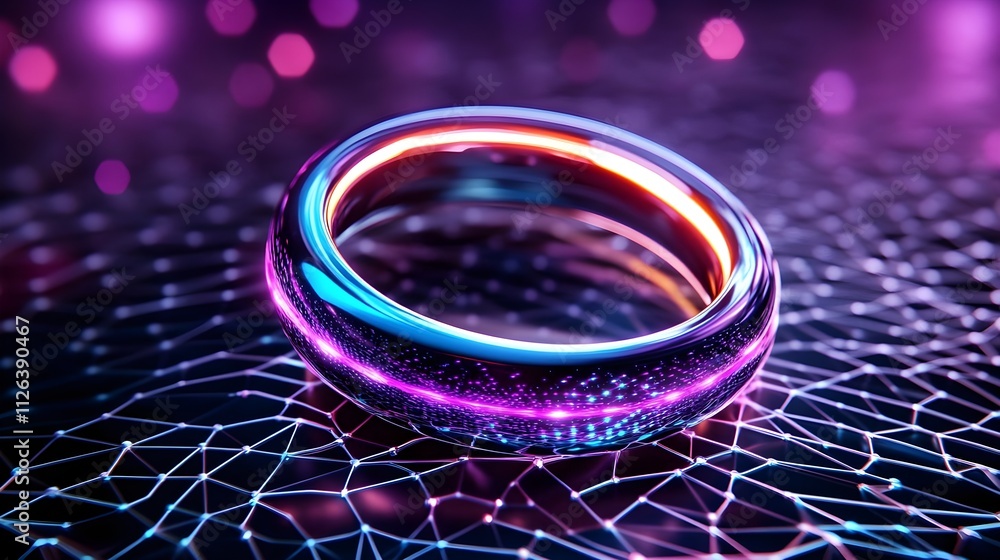 Poster stunning abstract image of a luminous ring with vibrant colors and glowing lights, set against a fut