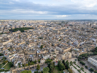 Aerial drone view of the historic city center in Lecce, a town in Puglia, southern Italy.