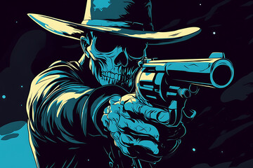 A stylized skeleton cowboy aiming a revolver in a dark, dramatic setting.