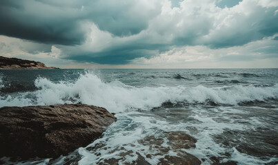 Fototapeta premium Dramatic ocean waves crashing on rocky shore under stormy sky powerful, turbulent scene