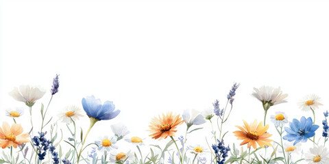 Beautiful watercolor botanical flowers including lavender and daisies