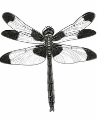 Detailed illustration of a black and white dragonfly, viewed from above, showcasing its intricate wing patterns and body segments.