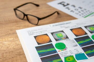A pair of eyeglasses and a macular report including eye charts and OCT scans. Eye health and vision...