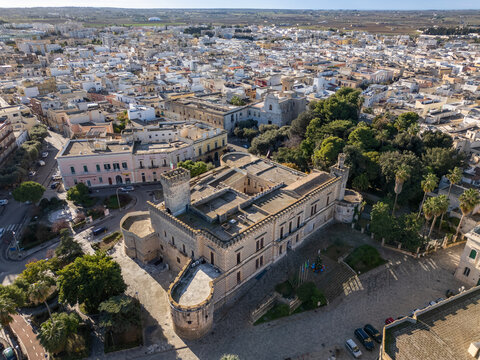 Aerial drone view of the old castle in the historical town of Nardo in Puglia, southern Italy.