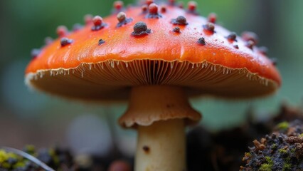 A vibrant red mushroom sits atop a bed of moss, showcasing its distinctive dotted cap. Sunlight filters through trees, highlighting its striking colors in a lush forest setting. Generative AI