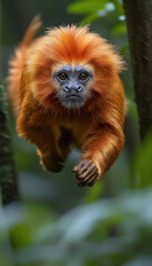 Golden lion tamarin monkey leaping through lush rainforest, close-up.