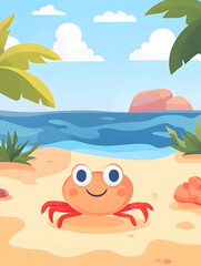 Happy crab on tropical beach.