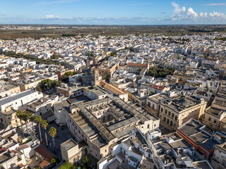 Aerial drone view of the old town center in Nardò, a town in Puglia, southern Italy.