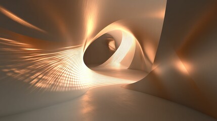 Abstract gold space, light patterns, curved walls.