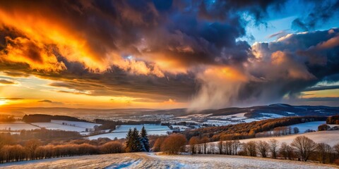 Long Exposure Winter Sunset Lucott Moor Somerset Dramatic Sky  Storm Clouds Hessen Fulda Germany