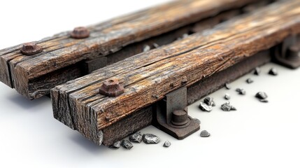 Fototapeta premium Close-up of weathered wooden railway ties with metal fasteners and gravel.