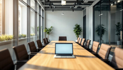 Fototapeta premium A bright, modern office with sleek glass walls, a conference table, and minimalist decor.