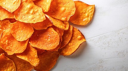 Bright orange sweet potato chips scattered on a white surface