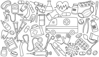 Hand drawn medical equipment doodle set with line art style isolated white background.