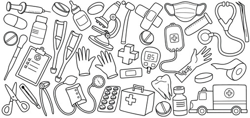 Hand drawn medical equipment doodle set with line art style isolated white background.