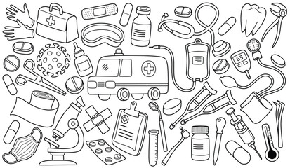 Medical tools doodles set on white background.