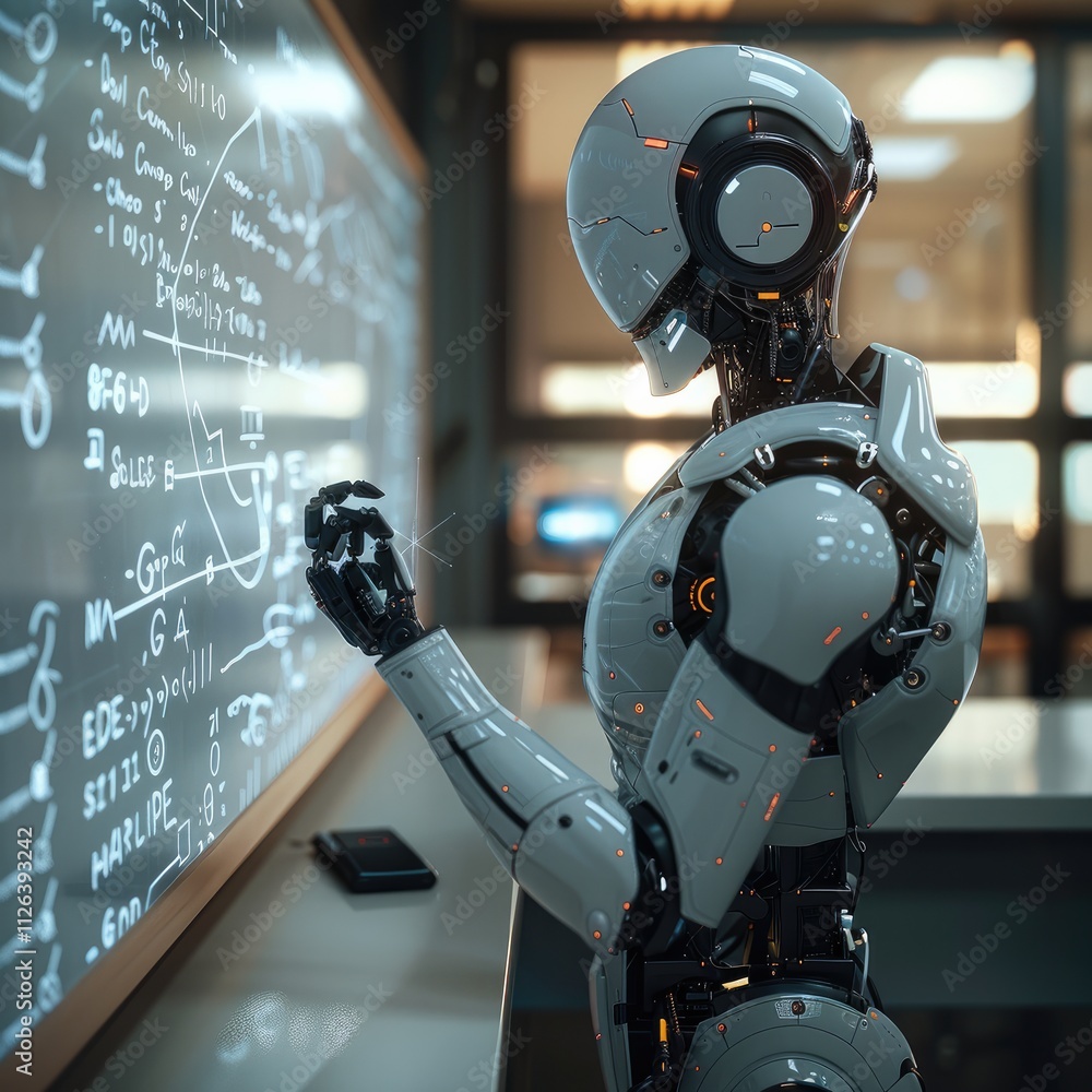 Poster an AI robot on the front of empty classroom with whiteboard behind him full of equation.