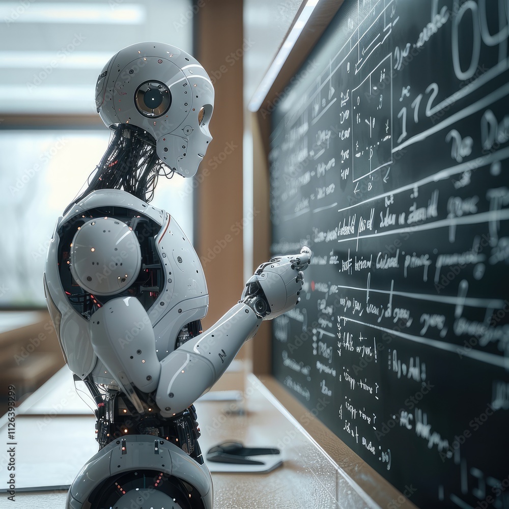 Aufkleber an AI robot on the front of empty classroom with whiteboard behind him full of equation.
