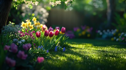 Fototapeta premium Vibrant Tulips Blooming in Sunlit Spring Garden with Green Grass and Colorful Floral Landscape