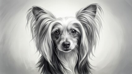 Naklejka premium Minimalist Chinese Crested Powderpuff Dog Ink Wash Painting, Elegant Pet Portrait, Artistic Canine Art, Black and White Dog
