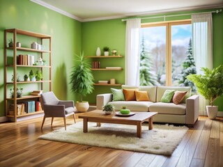 Minimalist Winter Living Room: Tilt-Shift Green Walls, Neutral Decor, Natural Wood