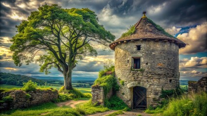 Fototapeta premium Crumbling dovecote, ancient tree sentinel, whispers of history in decaying stone.