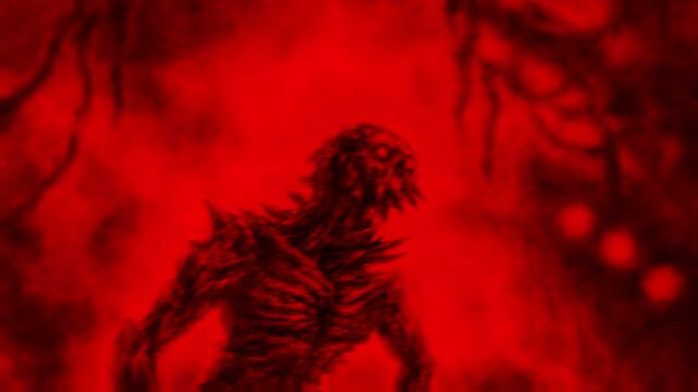 Scary monsters walks along dark corridor. 2D animation with devilish character. Spooky animated video clip. Motion graphics in horror fiction genre. Creepy Halloween. Black and red background movie.
