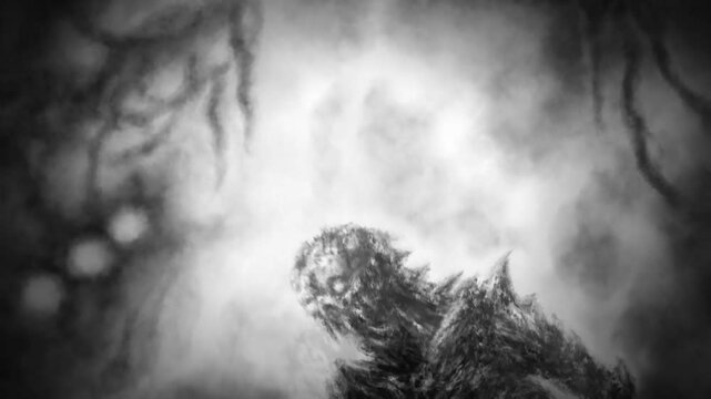 2D animation with devilish character. Scary monsters walks along dark corridor. Spooky animated video clip. Motion graphics in horror fiction genre. Creepy Halloween. Black and white background movie.
