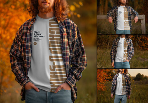 4 Mockups of Men's T-Shirt at Outdoor