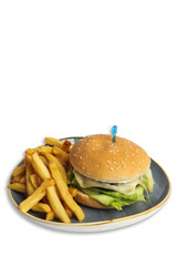 Delicious cheeseburger with lettuce served alongside crispy French fries